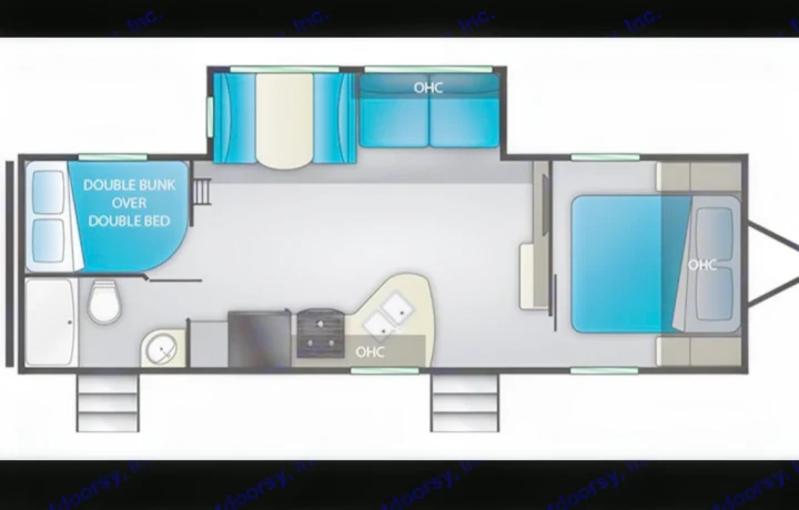 RV rental floor plan: full layout with master bed, bunks, kitchen, and bathroom. Ideal for family trips.. Pioneer Bunkhouse 2019