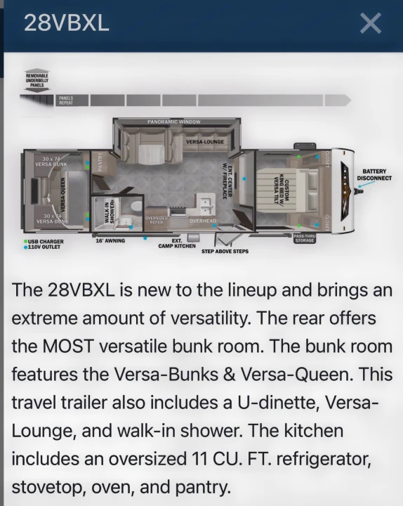 Detailed 28VBXL travel trailer floor plan, showcasing its versatile bunk room, U-dinette, kitchen & walk-in shower. Great for rv rental.. Forest River Salem Cruise Lite 2021