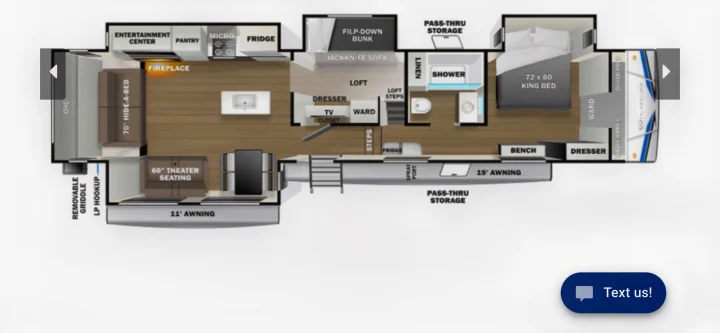Detailed RV rental floor plan shows king bed, kitchen, bath, living, and outdoor amenities. Ideal for travel.. Forest River Wildcat 2023