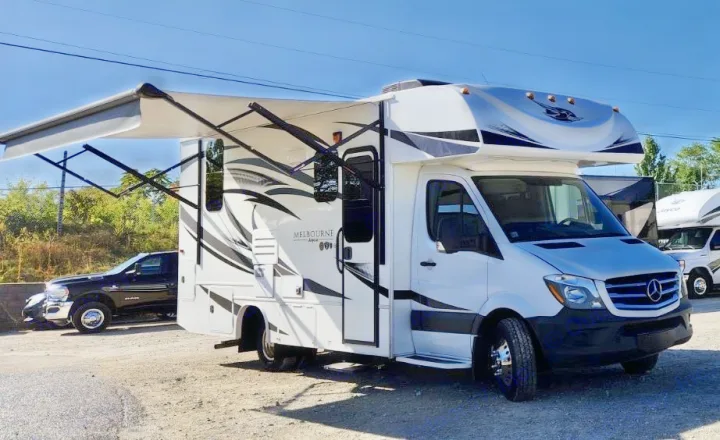 White Class C Mercedes-Benz RV rental with an extended awning, ready for your next travel adventure.. Jayco Melbourne 2019