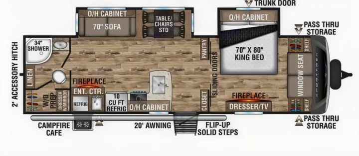 Explore this detailed RV rental floor plan: king bed, living area, kitchen, and bath. Designed for comfortable travel.. Sport Trek Touring 2021