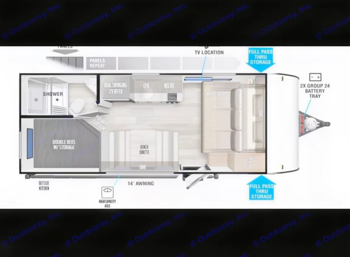 RV rental floor plan. Detailed RV interior layout showing beds, kitchen, shower, dinette, and storage.. Forest River Salem FSX PLATINUM 2021