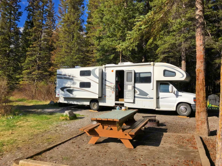 RV rental parked at a serene forest campsite with a picnic table and fire pit, perfect for outdoor adventures.. Jayco Greyhawk 2010