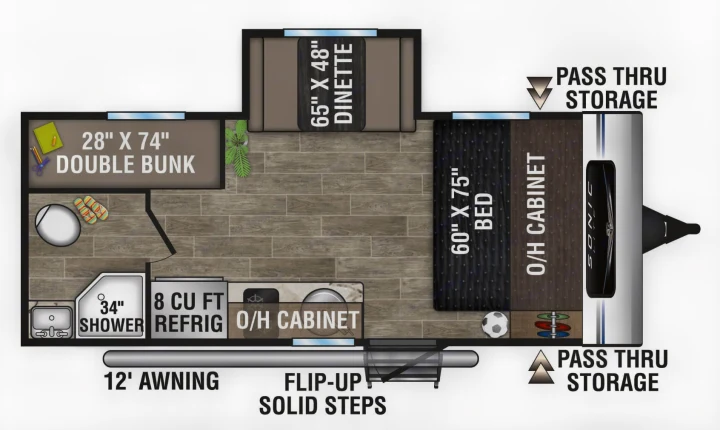 Detailed RV rental floorplan: double bunk, dinette, 60"x75" bed, 34" shower, 8 cu ft fridge, storage.. Sonic Lite 2021