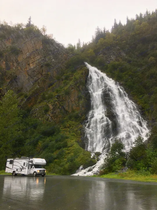 An RV rental parked on a wet road next to a large, beautiful waterfall cascading down a lush mountain.. Forester LE 2022
