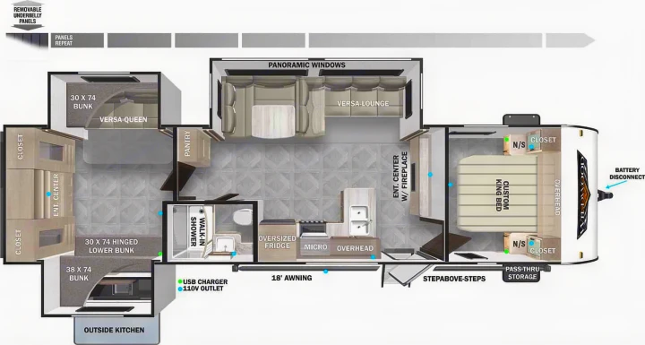 RV rental floor plan details a spacious interior with king, queen, and bunk beds, full kitchen, bath, and living areas.. Forest River Wildwood 2023
