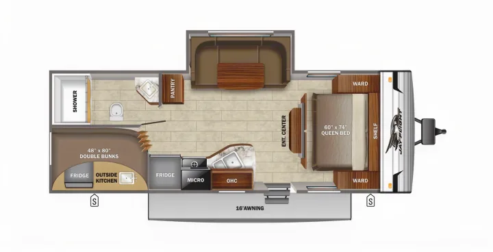 RV rental floor plan: Jay Flight travel trailer featuring a queen bed, double bunks, kitchen, bath, dinette, and 16' awning.. Jayco Jay Flight SLX 2022
