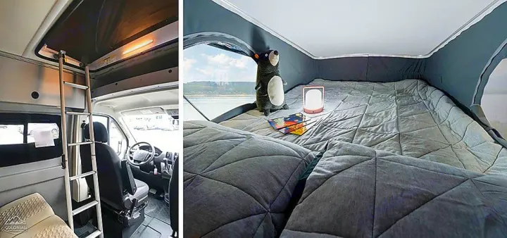 Explore this rv rental: access a cozy pop-top loft bed via ladder, offering great views from above the driver's cab.. Winnebago Solis 2023