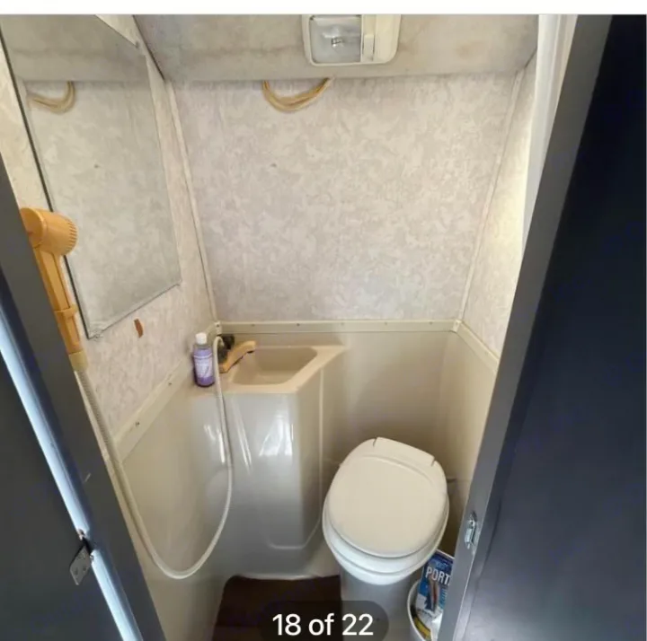 RV rental compact bathroom with toilet, small sink, mirror, and handheld shower for efficient use of space.. Ford Econoline 2004