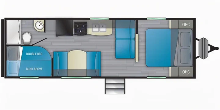 RV rental floor plan. This detailed travel trailer interior shows a main bed, bunk beds, kitchen, and bathroom.. Keystone Prowler 2021