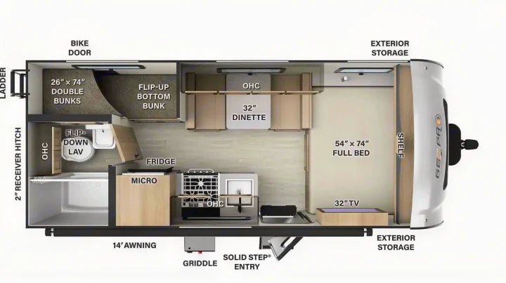 Explore this compact RV rental floor plan: 26"x74" bunks, 54"x74" full bed, 32" dinette, kitchen, and bathroom.. Forest River Rockwood Geo Pro 2022