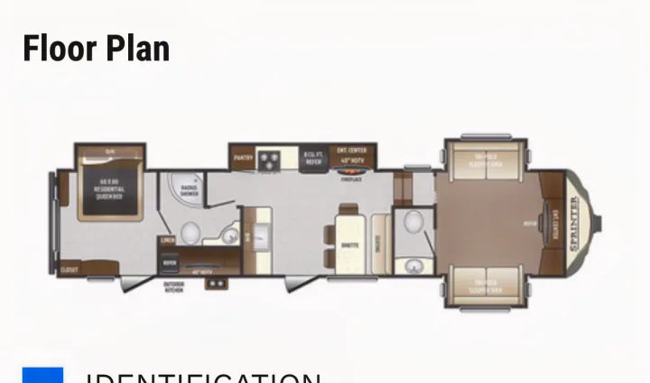 Detailed RV rental floor plan of a recreational vehicle. Shows bedroom, kitchen, living, bath, and outdoor kitchen.. Keystone RV Sprinter 2018