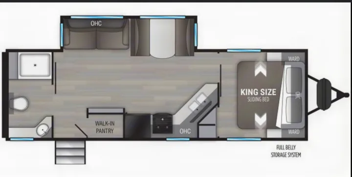 RV rental floor plan with king-size sliding bed, kitchen, bath, and walk-in pantry for spacious living.. Cruiser RV Embrace Ultra Lite 2022