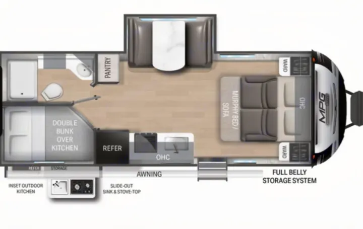 This RV rental travel trailer floor plan highlights a Murphy bed, bunks, kitchen, bath, and outdoor cooking station.. Cruiser RV MPG 2023