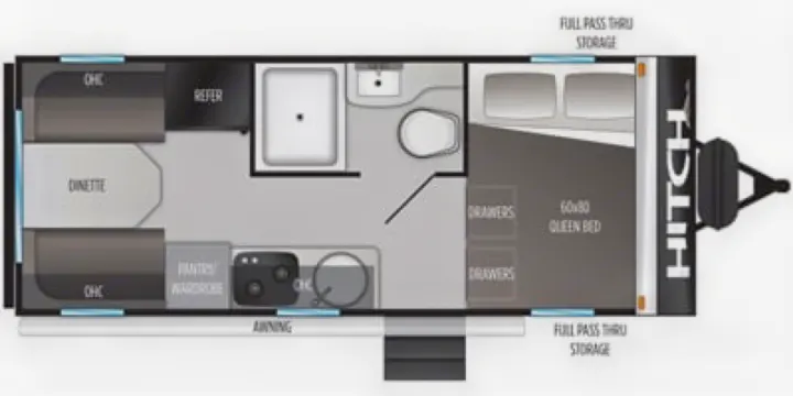 See inside your next RV rental: a detailed floor plan with dinette, kitchen, bath, 60x80 queen bed, and storage.. Cruiser RV Hitch 16RD 2022