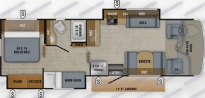 This detailed RV rental floor plan shows the interior layout: queen bed, bunk beds, bathroom, kitchen, dinette, and sofa.. Jayco Redhawk 2018