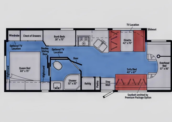 RV rental floor plan detailing bed sizes, kitchen, bath, and living areas for an accessible view.. Winnebago Minnie Winnie 2019