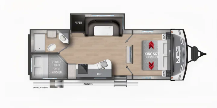 This RV rental floor plan illustrates a travel trailer's interior, featuring a king bed, double bunks, kitchen, and bath.. Cruiser RV MPG Ultra Lite 2022