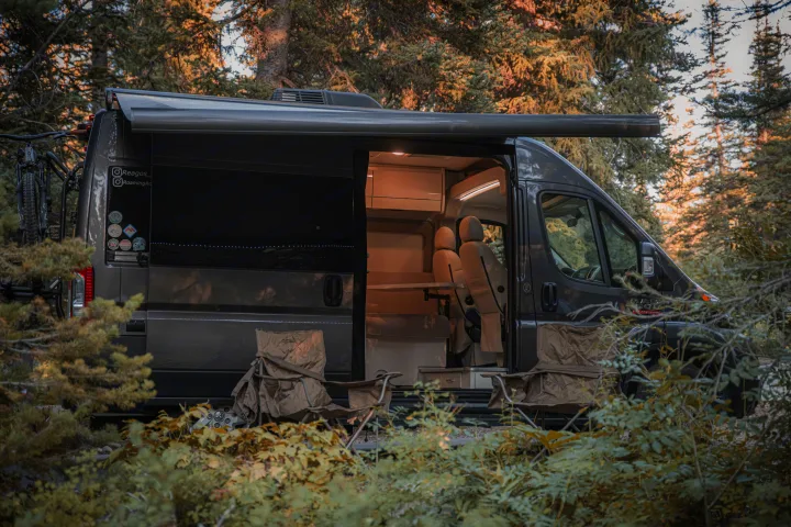 Experience nature with this stylish RV rental camper van parked in a serene forest, ready for adventure with its open interior and outdoor setup.. Thor Rize 2022