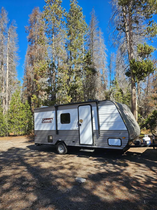 White Coleman travel trailer at a sunny forest campsite with mixed green and dead trees. Consider this RV rental.. Dutchmen Coleman 17B 2023