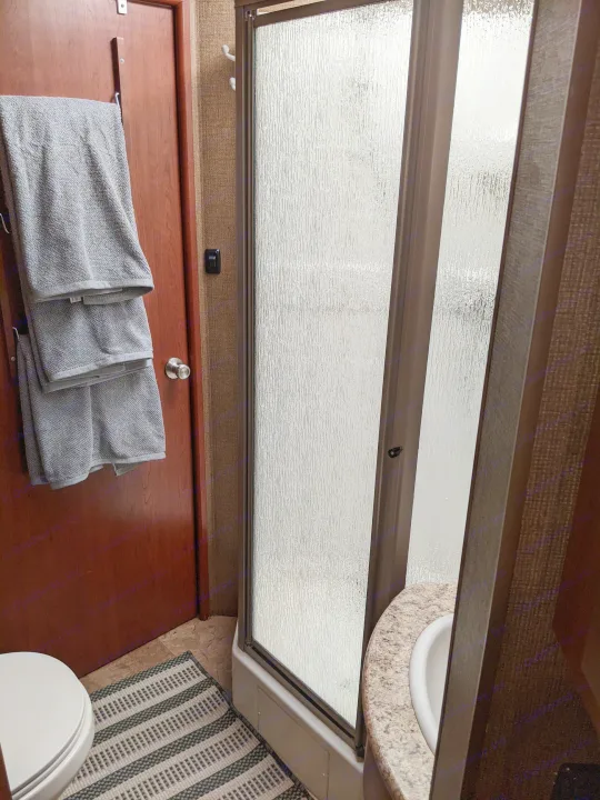 Experience comfort in an rv rental! This RV bathroom features a toilet, textured glass shower, and sink with towels on the door.. Thor ACE 30.2 2015