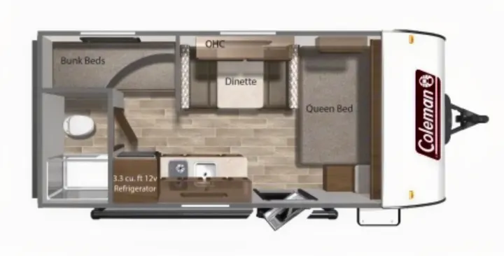 RV rental floorplan: Detailed layout showing queen bed, bunk beds, kitchen, bathroom, and dinette.. Coleman Lantern 17B 2024