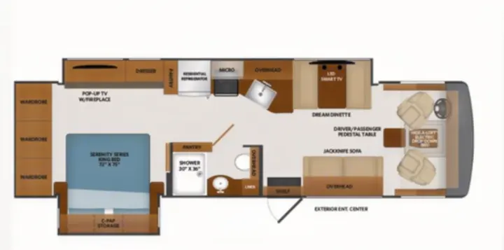 Explore this RV rental's detailed floor plan: king bed, full bath, kitchen, dinette, sofa, and front hide-a-loft bed.. Fleetwood Fortis 2021
