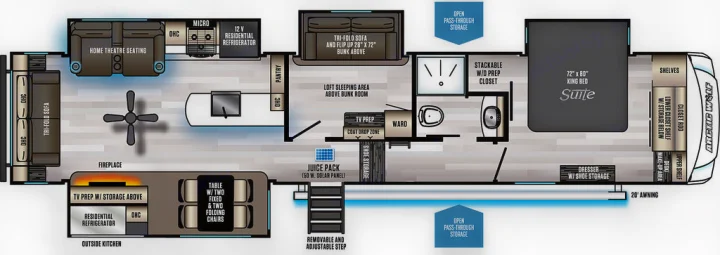 Detailed RV rental floor plan showcasing a spacious travel trailer with living, kitchen, bath, master suite, and bunk room areas.. Forest River Cherokee Arctic Wolf 2022