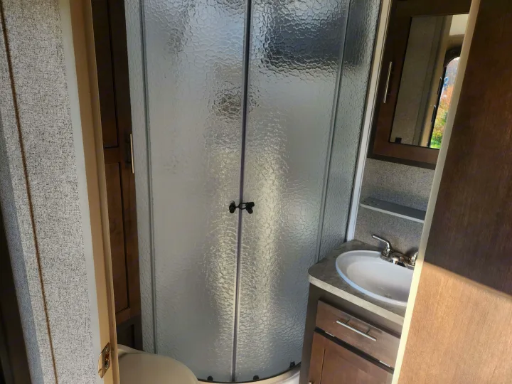 This RV rental bathroom features a textured glass shower enclosure, a vanity with a white sink, and a toilet to the left.. Forest River Rockwood Mini Lite 2019