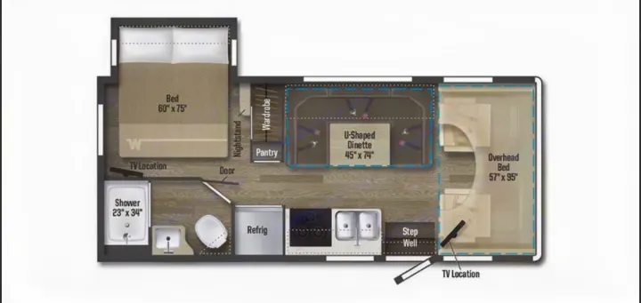 Explore this RV rental's spacious floor plan: main bed, overhead bed, U-shaped dinette, kitchen, and bathroom.. Winnebago Minnie Winnie 2022