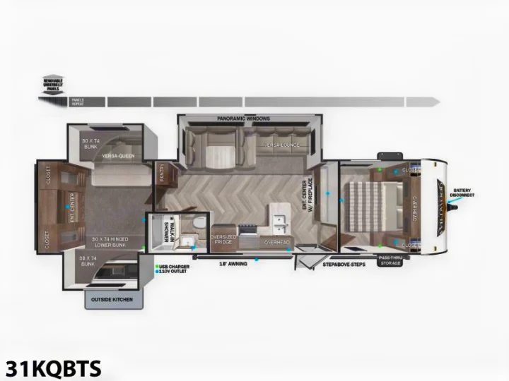 This RV rental floor plan for the 31KQBTS model details bunk beds, living areas, kitchen, and bath, ideal for family camping.. Forest River 31KQBTS 2024