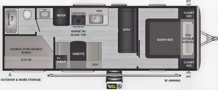 Travel trailer RV rental floor plan details interior layout: queen bed, bunks, kitchen, dinette, and full bath.. Keystone RV Springdale 2018