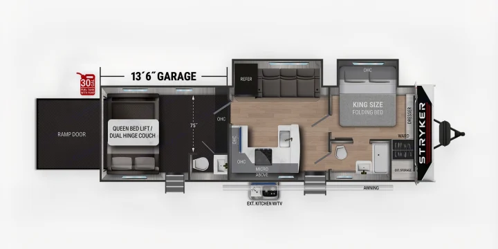 Stryker toy hauler RV rental floor plan with 13'6" garage, queen lift bed, king bed, kitchen, and outdoor amenities.. Cruiser Rv Corp Stryker 2022