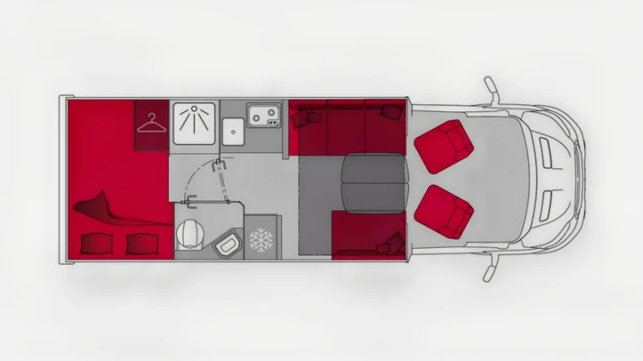 RV rental layout: Top-down view of a camper van interior, featuring rear bed, kitchen, bath, and front swivel seats.. PILOTE A696G Atlas 2025
