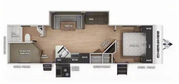 This RV rental floor plan shows a spacious Cherokee travel trailer with a queen bed, bunk beds, kitchen, and dinette layout.. Forest River Cherokee 2021