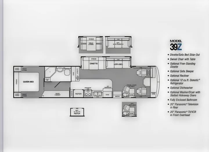 Explore this detailed RV rental floor plan (Model 39Z) featuring a queen bed, kitchen, bathroom, and flexible living area options.. Fleetwood 39/MH 2000
