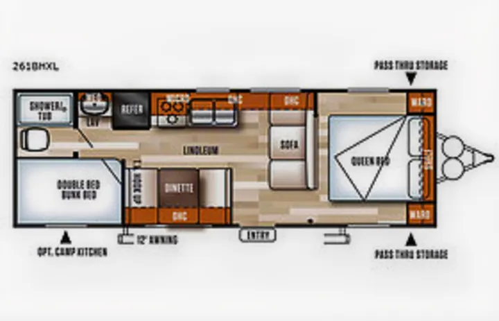 RV rental travel trailer floor plan (2610HXL). This layout details queen bed, bunks, dinette, kitchen, and bath for your next RV trip.. Forest River Cruise Lite 2017