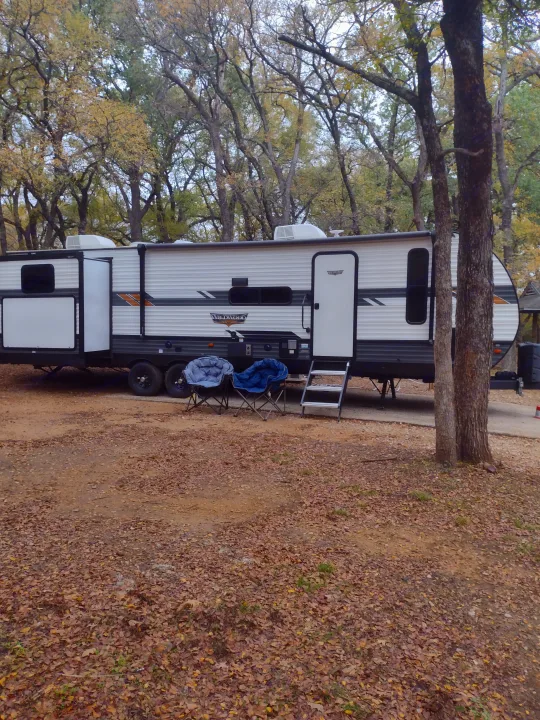 RV rental parked at a fall campsite with chairs under trees and a ground covered in leaves.. Forest River Wildwood 2022