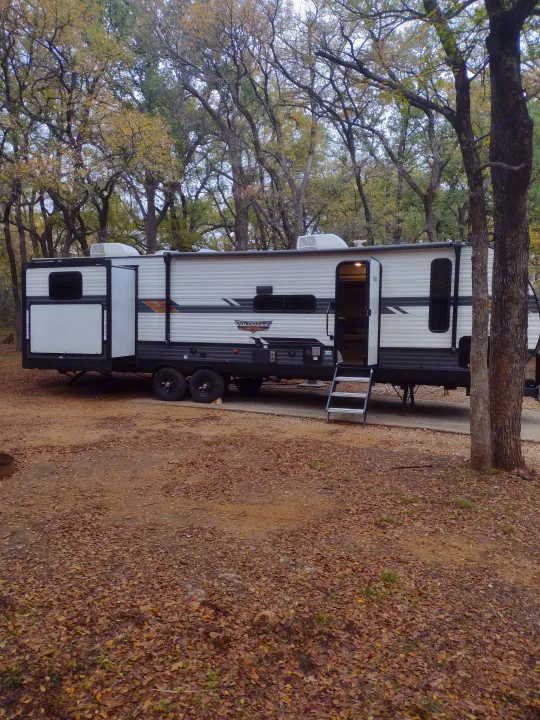White rv rental travel trailer set up in an autumn campsite, surrounded by tall trees and fallen leaves.. Forest River Wildwood 2022