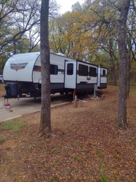 RV rental parked at a leafy autumn campsite. White travel trailer with extended slide-outs amidst trees.. Forest River Wildwood 2022