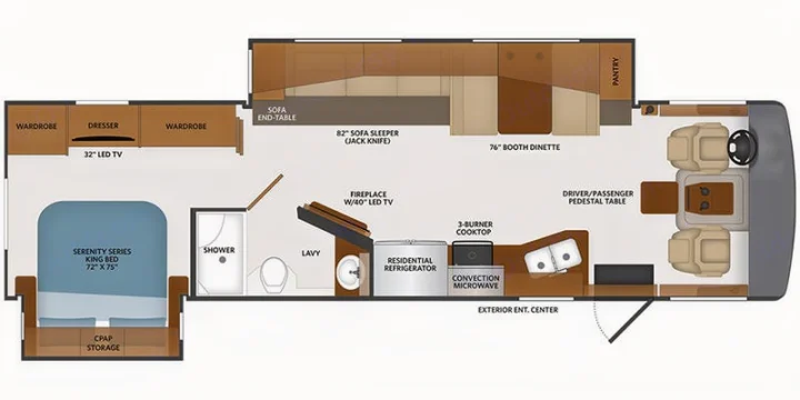 Spacious RV rental floor plan: includes King bed, kitchen, bath, and living areas for comfortable travel.. Fleetwood Bounder 33C 2021