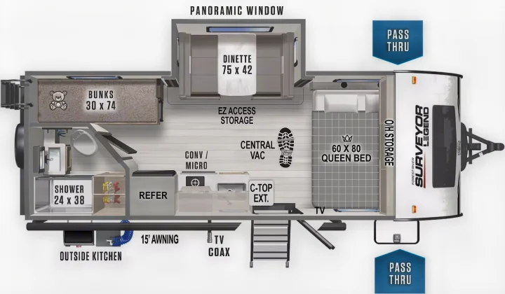 RV rental floor plan for a Surveyor Legend: Features queen bed, bunks, dinette, kitchen, shower, and outside kitchen.. Forest River Surveyor 19BHLE 2024