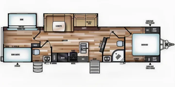 This RV rental floor plan details a spacious layout with queen, twin, bunk beds, kitchen, bath, dinette, sofa, and storage.. Forest River Salem Hemisphere GLX 2019