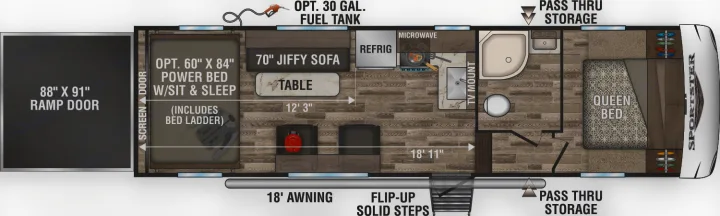 RV rental floor plan: A detailed overhead view of the interior with a ramp door, power bed, sofa, kitchen, bath, and queen bed.. K-Z Manufacturing Sportster 2019