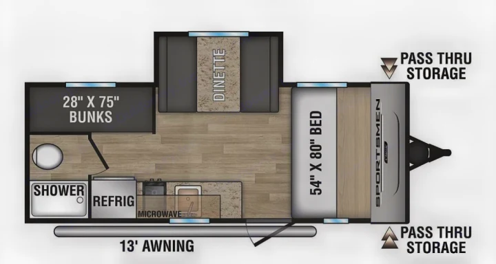 RV rental travel trailer floor plan: See the interior layout with bunks, main bed, dinette, kitchen, shower, and pass-thru storage.. KZ Sportsman 2020