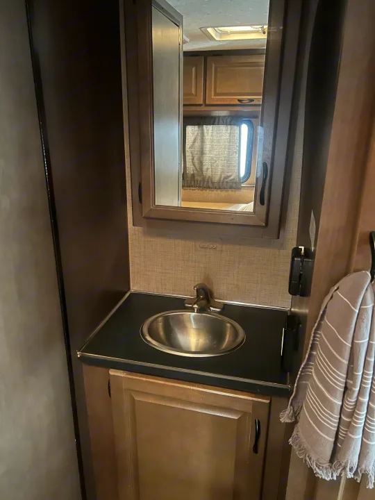 Compact RV rental bathroom with stainless steel sink, faucet, and mirrored cabinet. Perfect for on-the-go travel.. Thor Majestic 2019