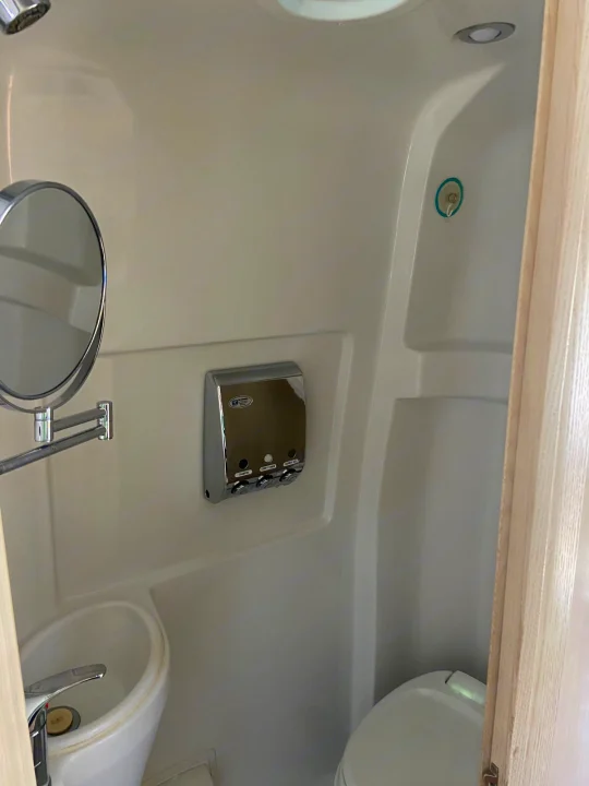 Compact RV rental bathroom with sink, toilet, shower, and wall-mounted shampoo/conditioner/gel dispenser.. Airstream Interstate 2015