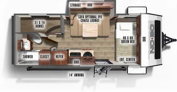 RV rental floor plan details a travel trailer with. Forest River No Boundaries 19.8 2021