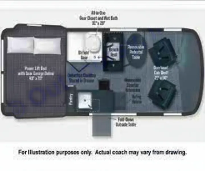 RV rental floor plan layout: compact camper van featuring convertible bed, wet bath, versatile seating, and storage.. Mercedes Winnebago Revel 2023