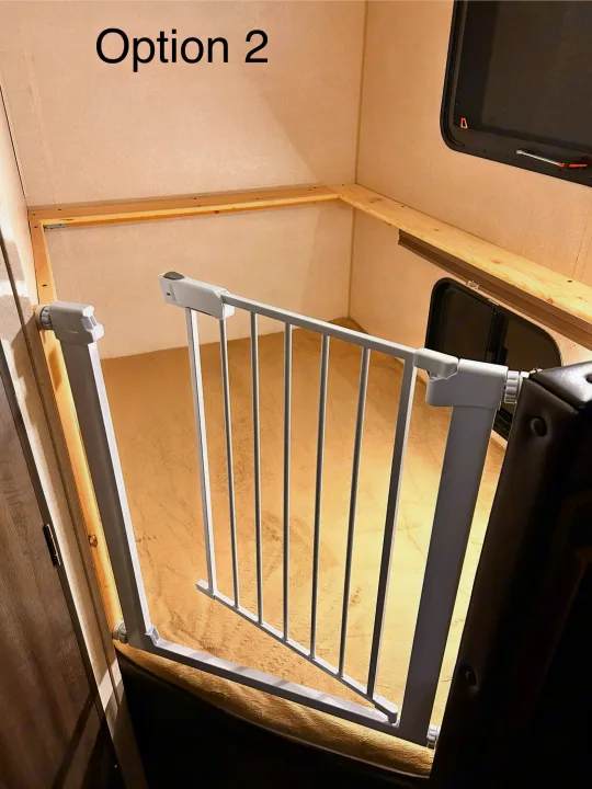 RV rental: Pressure-mounted baby gate creates a safe enclosure within a custom-built wooden bunk area.. Forest River Wildwood X-Lite 2019